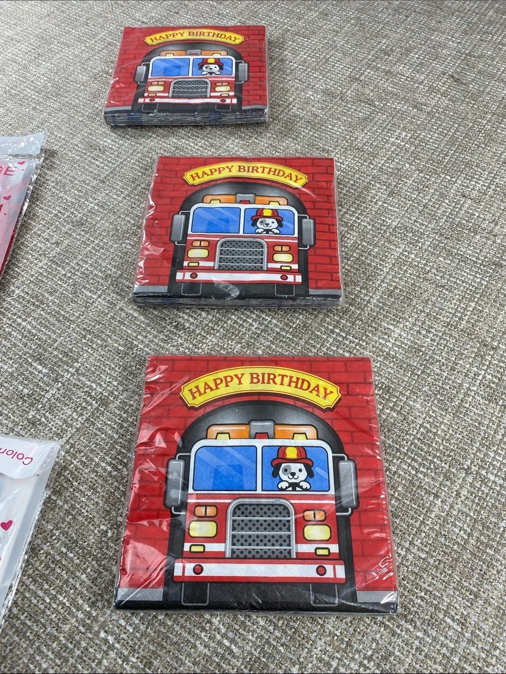 Happy Birthday Fire Truck Paper Napkins - red and silver foil fringe curtains